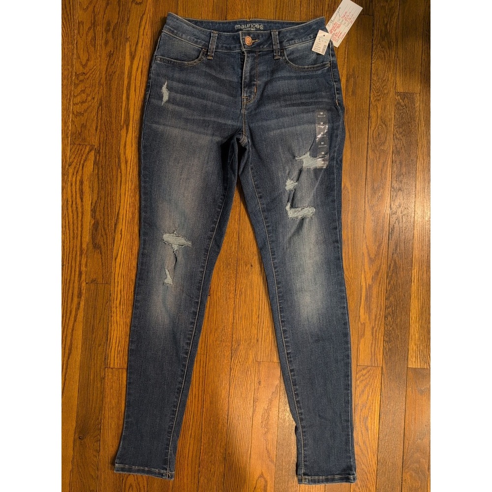 NWT Maurices Womens‎ Sz Medium Mid Rise Distressed Skinny Med Wash Stretch Jeans